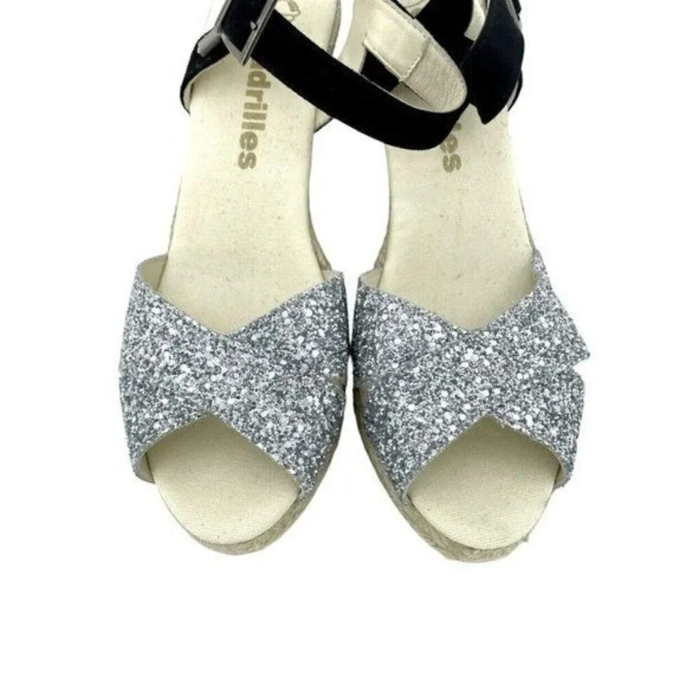 ESPADRILLES Boem Wedge Sandals Silver Glitter Black Suede Sz 42 US 11.5 US NIB